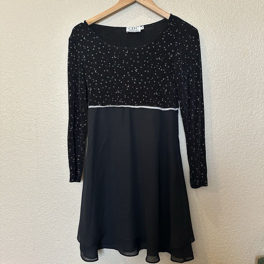 Vintage Celestial Black Dress Moon Stars Black Velvet Womens Size 6 Long Sleeve